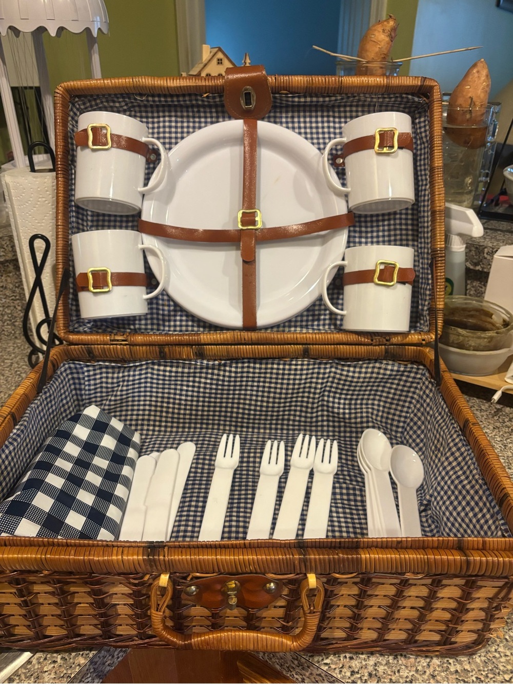 Classic Wicker Picnic Basket Set with Blue Gingham Lining